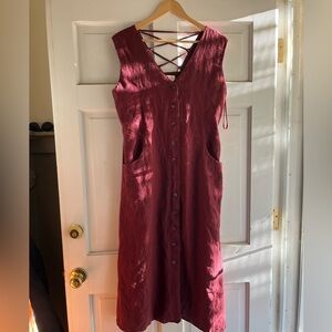 Burgundy, linen corset back, button up dress.